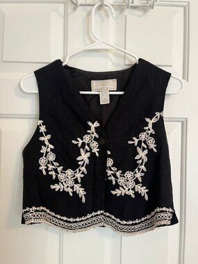 Vintage Express 90s Black Floral Embroidery Cropped Vest Size Small